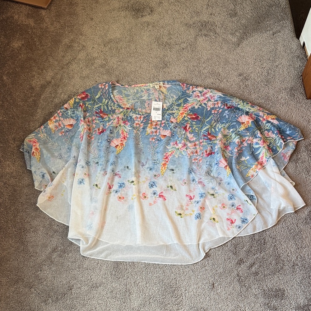 One World Ombre Floral Poncho Sheer Flowy Top Lightweight Boho Blouse SIZE S